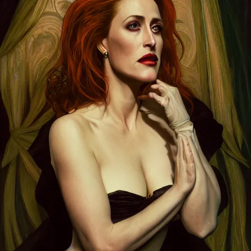 Image similar to portrait of Gillian Anderson as a lady vampire, 35mm, depth of field, DOF, ominous, sharp, highly detailed, photorealistic, realistic, unreal 5, high, definition, 8k, artstation, donato giancola, irwin penn, Alphonse Mucha