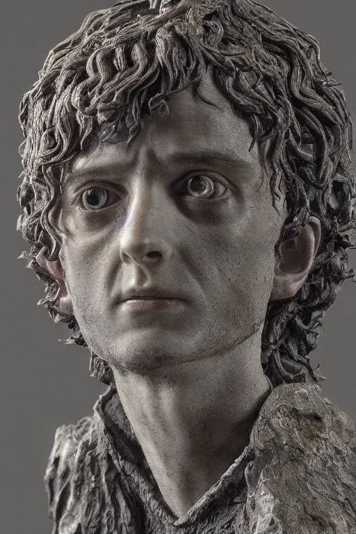 Image similar to tribute sculpture of elijah wood as frodo, oil on canvas, intricate, 8 k highly professionally detailed, hdr, cgsociety
