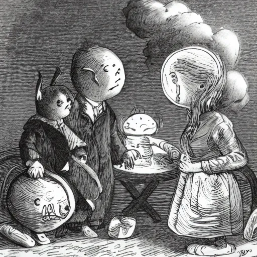 Image similar to celestial talking moon candid portrait, surrounded by clouds, illustrated by peggy fortnum and beatrix potter and sir john tenniel