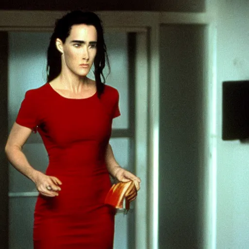 Prompt: Jennifer Connelly with a red dress in American Psycho (1999)