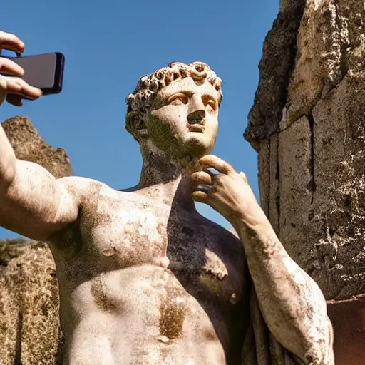 Prompt: ancient roman statue taking a selfie, high quality