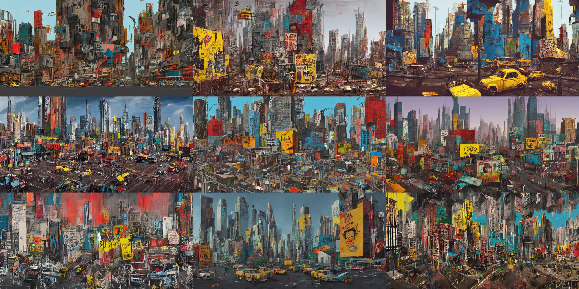 Prompt: cityscape in style of basquiat, 3 d, photorealistic, insanely detailed, expressionist, artstation, 8 k, concept art, food stall, slums, megastructures, futuristic, market, hard surface, simon stalenhag, street, abstract, big medium small, golden ratio
