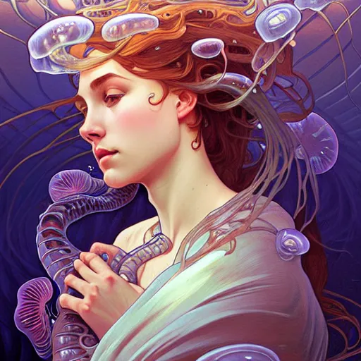 Image similar to Portrait of a girl underwater surrounded by jellyfish, face, fantasy, intricate, elegant, highly detailed, digital painting, artstation, concept art, smooth, sharp focus, illustration, art by Fernanda Suarez and Artem Demura and alphonse mucha