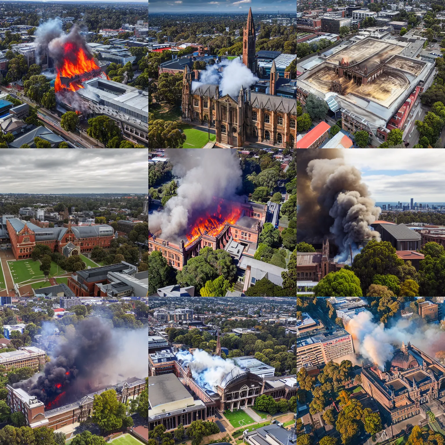 Prompt: University of Melbourne on fire, 4K drone photography