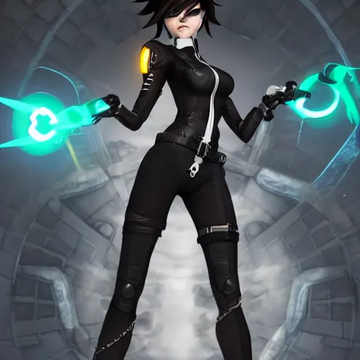 Prompt: tracer from overwatch, wearing goth outfit, black hair, 4 k, detailed face, smirky expression, detailed face, focus on eyes, blur, beautiful lighting, low contrast,