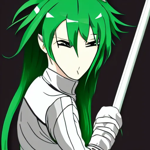 Prompt: male fencer, anime style, green hair, dark, animated, animation, detailed, illustration, moody