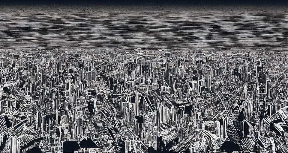 Image similar to view on futuristic city in the horizon, illustration by stanley donwood, detailed, sharp, masterpiece, 8 k