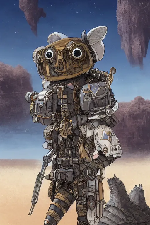 Image similar to anthropomorphic rodent with white and black ancestral ornate japanese tactical gear on an abandonment desert planet, high intricate details, long shot, rule of thirds, golden ratio, graphic novel by fiona staples and dustin nguyen, by beaststars and orange, peter elson, alan bean, studio ghibli, makoto shinkai