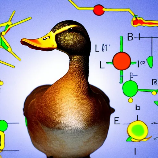 Image similar to a duck in a lab looking at molecule diagrams on a screen, the duck sits at a table, super resolution, 8k