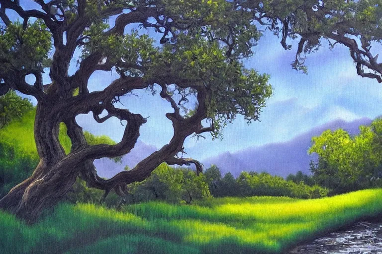 Prompt: masterpiece painting of oak trees on a hillside overlooking a creek, dramatic lighting, by jane graverol