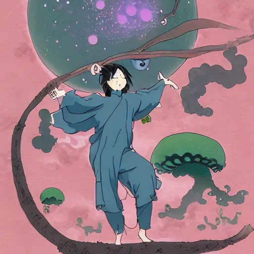 Image similar to a viscerous hyperdetailled character design illustration of the tiny boy in a giant world, scales, size, huge, wanderer in the tree universe, style of studio ghibli, artgerm ( ukiyo - e influence )