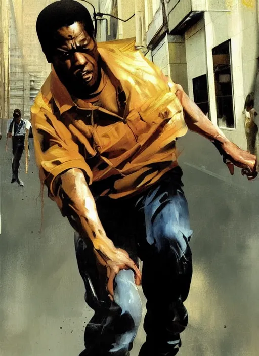 Prompt: cj in san andreas, painting by phil hale, fransico goya,'action lines '!!!, graphic style, visible brushstrokes, motion blur, blurry, visible paint texture, crisp hd image