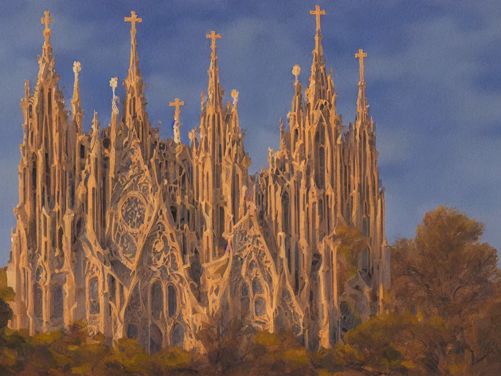 Image similar to a landscape painting of a church by Antoni Gaudí, trending on artstation