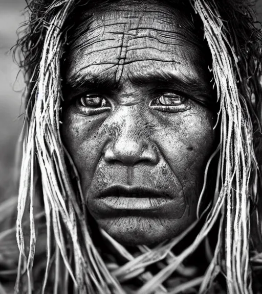 Image similar to Award winning reportage photo of Tuvalu Natives with incredible hair and beautiful hyper-detailed eyes wearing traditional garb by Lee Jeffries, 85mm ND 5, perfect lighting, gelatin silver process