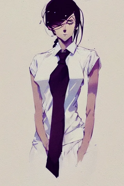 Image similar to a ultradetailed full body portrait of a woman dressed in a white shirt with a tie, by conrad roset, greg rutkowski and makoto shinkai trending on artstation