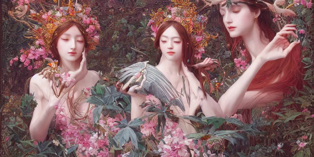 Image similar to breathtaking detailed concept art painting of the goddess of flamingo, orthodox saint, with anxious, piercing eyes, ornate background, epic composition, amalgamation of leaves and flowers, by Hsiao-Ron Cheng and John James Audubon and Miho Hirano, extremely moody lighting, 8K