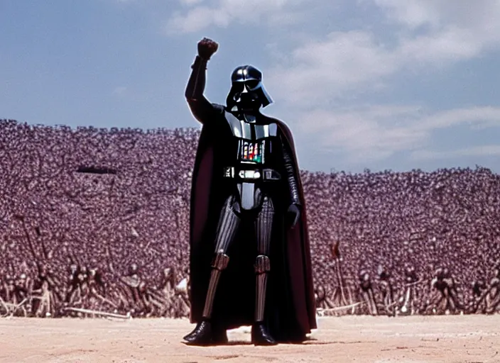 Prompt: film still of Darth Vader as Maximus in the arena with his arms up in Gladiator 2000, 4k