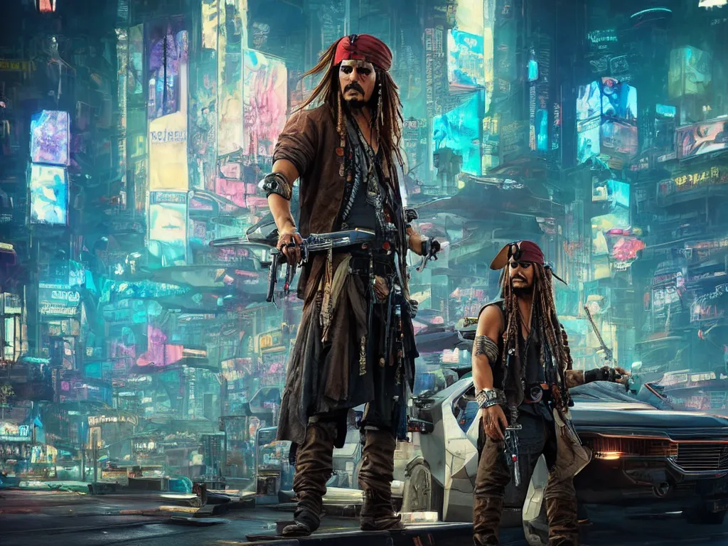 Image similar to jack sparrow in the game of cyberpunk 2 0 7 7, portrait, focus, 3 d illustration, sharp, intricate, poster, jack sparrow standing in front of the futuristic car, night city dystopian cyberpunk city in the background, holding a gun, photo, detailed photo, scene from blade runner