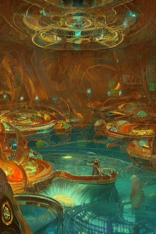 Image similar to Concept Digital Art Highly detailed Alien Art Deco Riza 4 lazy river inside of the Vosian Opera with glowing orange water at midnight, starfleet, by greg rutkowski, Ilya repin, alphonse mucha, and Edmund Blair Leighton. Very highly detailed 8K, exquisite rendering, octane, drum scanner, Digital painting, the golden ratio, rational painting, sharp