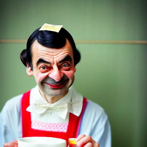 Image similar to close - up of mr. bean joyfully serving you tea at a japanese maid cafe, frilly outfit, soft focus, national geographic, depth of field, 3 5 mm, 8 k, photograph by annie leibovitz