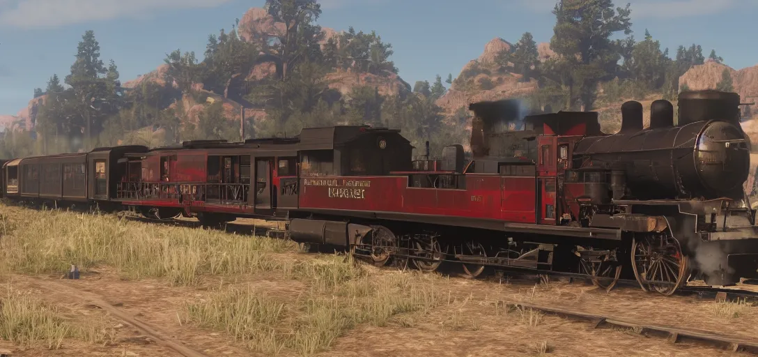 Image similar to A train in red dead redemption 2, pre-rendered cutscene, high quality image, widescreen, 8k, octane render