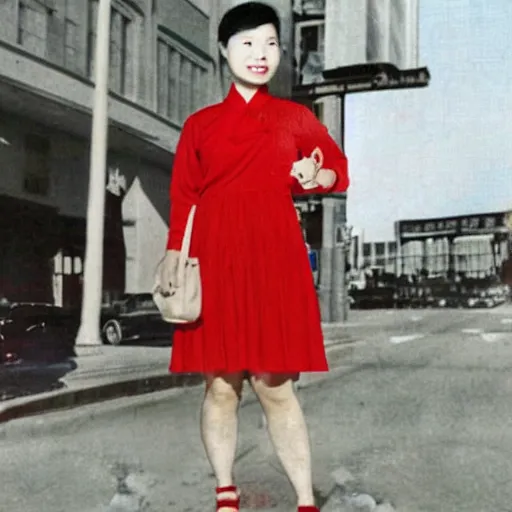 Image similar to a colored photorealistic photo of a chinese canadian girl elisa lam wearing a everyday dress that is red at the cecil hotel in los angeles