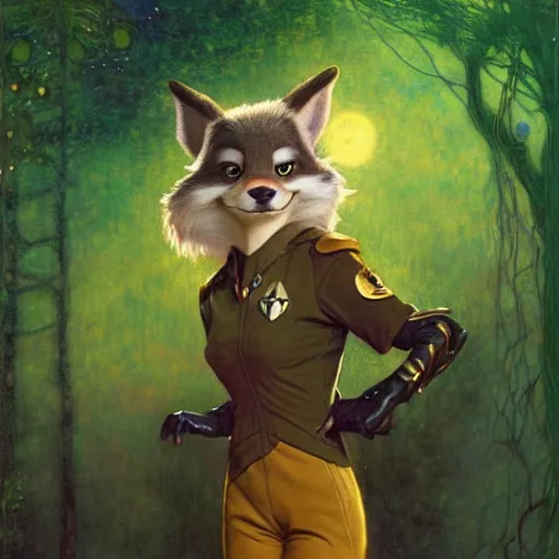 Image similar to a female bird wolf canine in starfleet uniform at night in a dark forest. zootopia fursona furaffinity furry art detailed face painting by gaston bussiere craig mullins jc leyendecker gustav klimt artgerm greg rutkowski furry