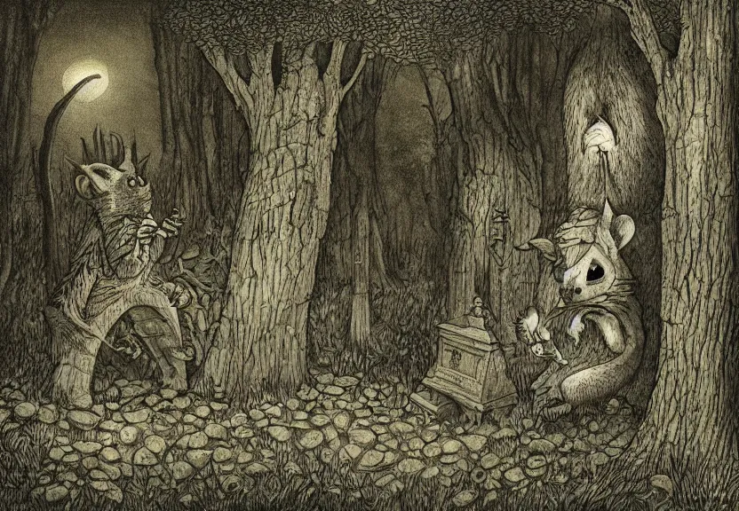 Prompt: big possum dressed like a monk at a scary medieval cemetery in the middle of the forest at night, highly detailed, digital art, by Maurice Sendak