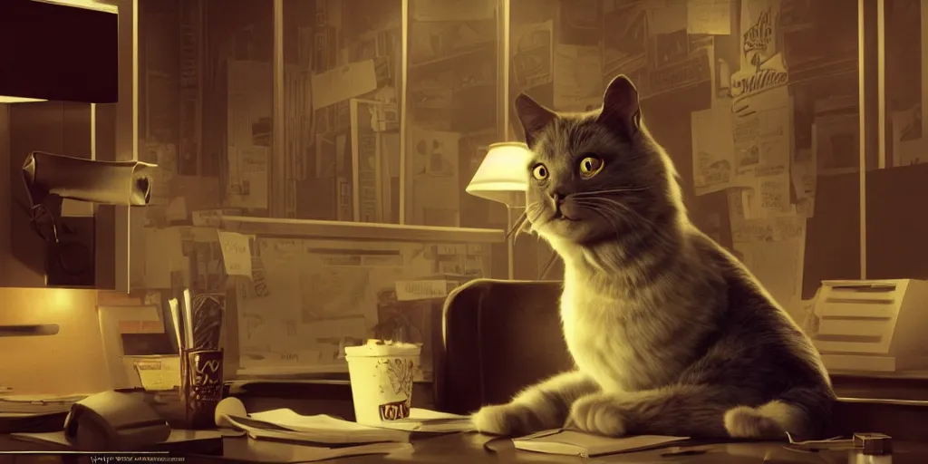 Prompt: detective cat who looks like cary grant is drinking whyskey at his office, 3 d scene, zenith view, warm color palette, night time, dramatic lighting, noir film, fine details, high contrast, blacksad, juan diaz canales, juanjo guarnido, greg rutkowski, trending on artstation, 8 k, ultra wide angle