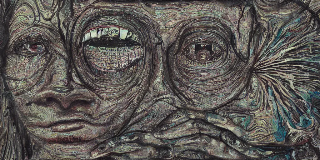 Image similar to camo of eyes, technical, acrylic, teeth, eerie, tribal, clay, dots, lines, stipple, points, grid, cybernetic, old painting, francis bacon, swirly eyes, hypnosis, eerie, sharp