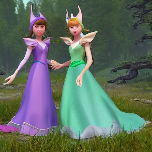 Prompt: two very very very beautiful elf princesses embracing, wearing dresses, eye contact, flirty, smiling, perfect face, perfect body, rendered in unreal engine