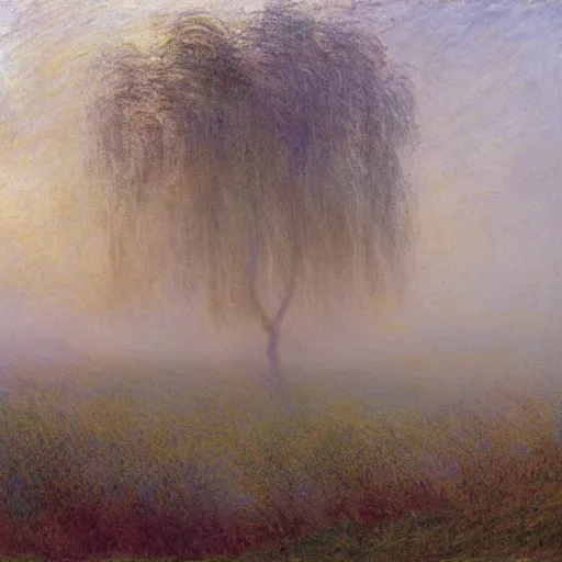 Image similar to willow trees in a misty field at daybreak, atmospheric, by turner and monet