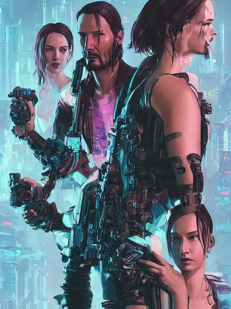 Prompt: a cyberpunk 2077 couple portrait of Keanu Reeves as Johnny Silverhand and female V in daily life ,love story, pray, hug, hold, kiss, film lighting, by Josan Gonzalez,Andrei Riabovitchev, Tom Bagshaw,Laurie Greasley, Dan Mumford, John Wick, Speed, Replicas, Destination Wedding, The Lake House, artstation, full of color, Digital painting, face enhance, highly detailed,8K, octane, golden ratio, cinematic lighting