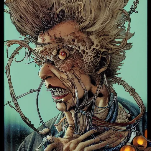 Image similar to closeup of mad scientist, by yoichi hatakenaka, masamune shirow, josan gonzales and dan mumford, ayami kojima, takato yamamoto, barclay shaw, karol bak