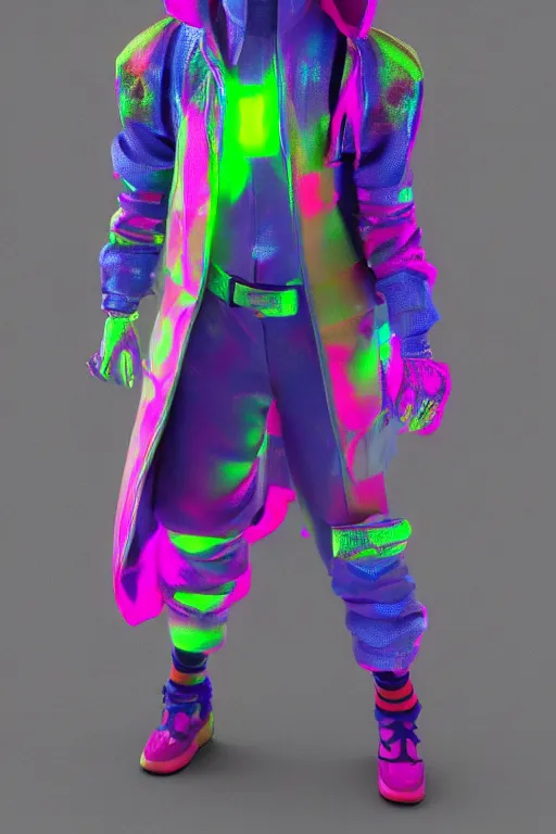 Prompt: a character wearing a super colorful fluo suit, vivienne westwood, detailed photoreal render octane render