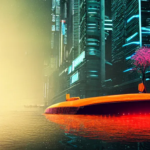 Image similar to a submarine with orange led glow stripes, wandering in the river, asia, cyberpunk, japan, land, rain, dark, lostus flowers, octance render, artstaion