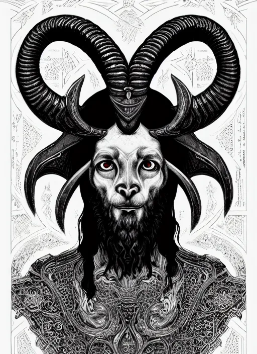 Image similar to hyper detailed ultra sharp orthodox baphomet goat jesus icon, occult, sardonic man, piercing gaze, trending on artstation, byzantine aesthetic, doom, religious, sinister, ornate, intricate, digital painting, concept art, smooth, sharp focus, illustration, art by josan gonzalez, greg rutkowski, killian eng and zdizslaw beksinski