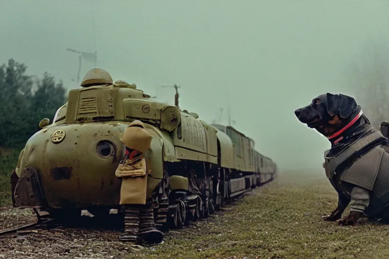 Prompt: giant oversized chubby bulky armored train Dachshund dog robot mech, with big pug head , rocket launcher , on a village , Cinematic focus, fujicolor photo, vintage, neutral colors, soft lights, foggy, panorama by by Serov Valentin, by lisa yuskavage, by Andrei Tarkovsky