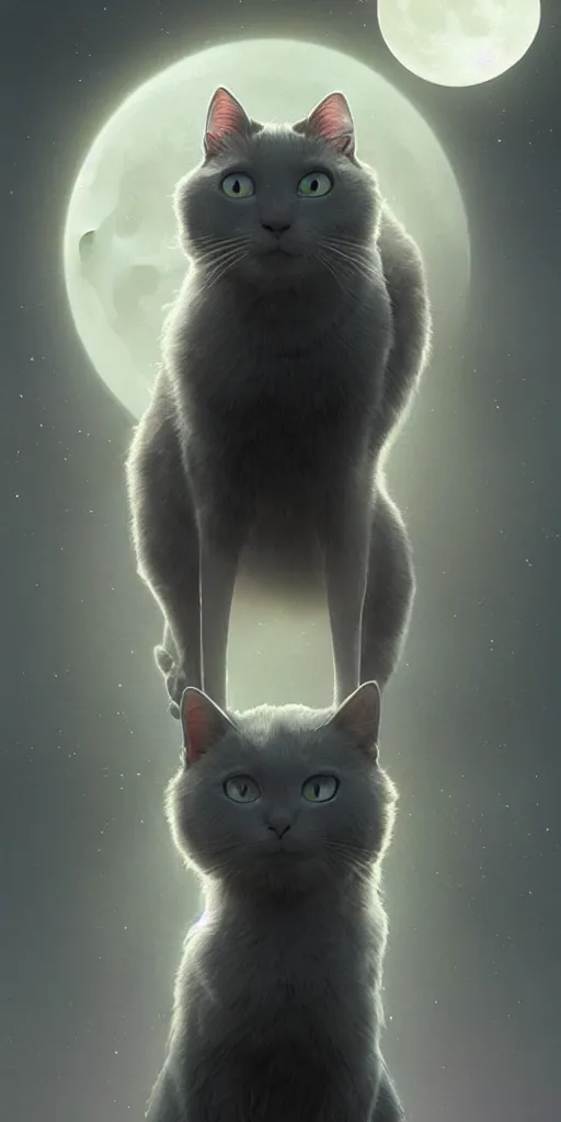 Image similar to a grey cat with blue eyes looks at the moon, volumetric lighting, glowing lights, 4k, octane, digital painting, artstation, concept art, sharp focus, illustration, cinematic film still, art by artgerm and greg rutkowski and alphonse mucha , wide angle view,