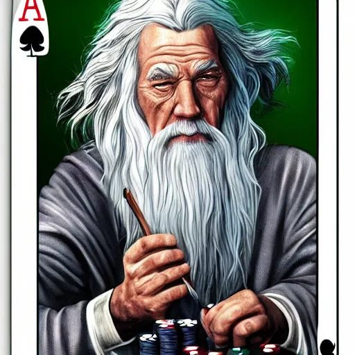 Image similar to gandalf playing poker, casino, highly detailed, digital art