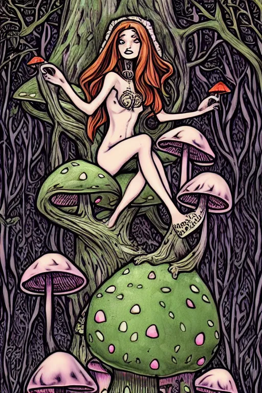 Image similar to a beautiful witch sitting on a toadstool in a forest, skulls and mushrooms, fantasy graphic novel style, by wendy pini, intricate, very fine inking lines, extremely detailed, 4k, hd