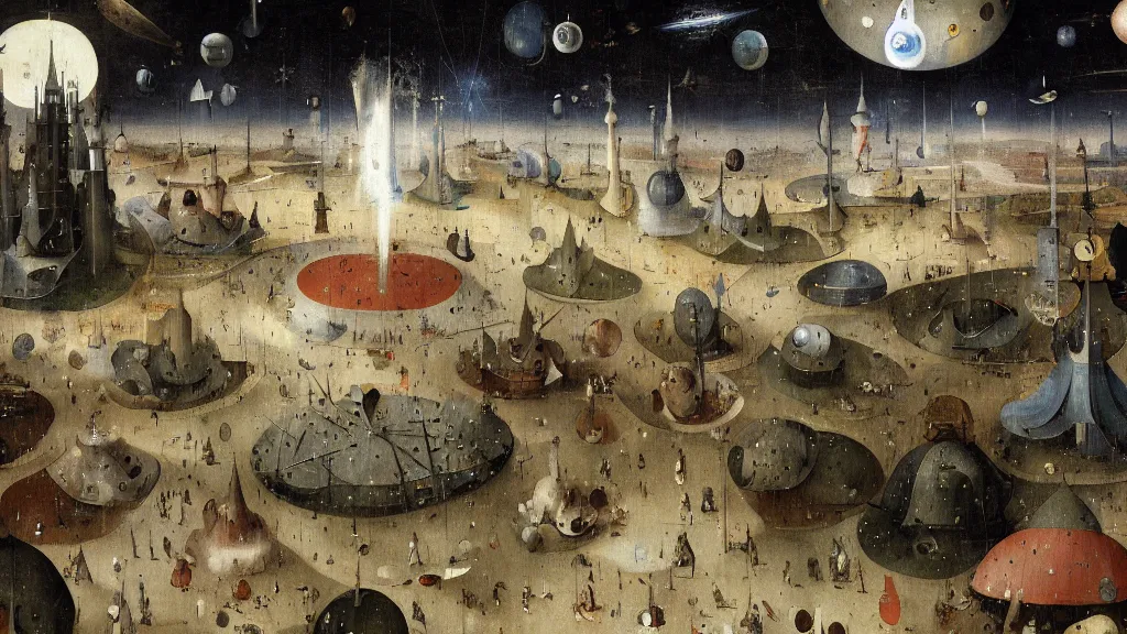 Image similar to a beautiful digital painting digital render of a spaceport. hieronymus bosch. akihiko yoshida