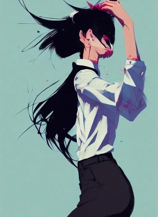 Image similar to a ultradetailed beautiful panting of a stylish woman wearing a shirt with a tie, she has black hair, dancing, by conrad roset, greg rutkowski and makoto shinkai, trending on artstation