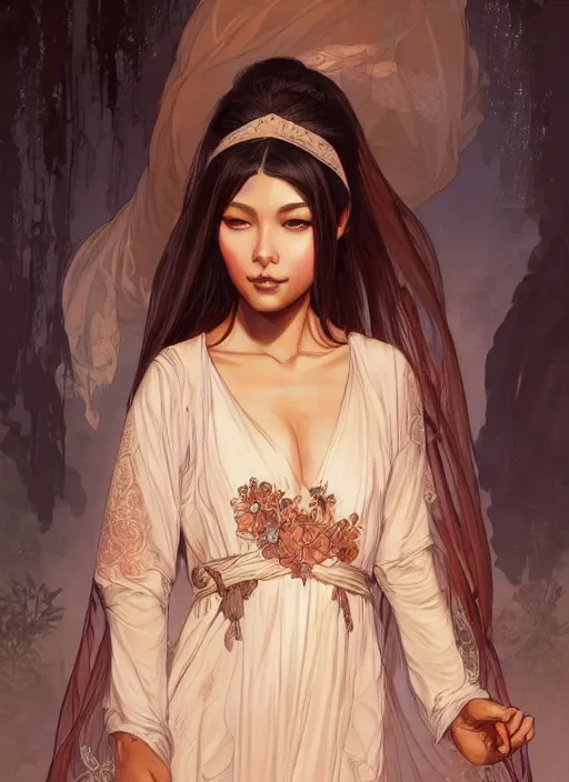 Image similar to cute brown woman wearing a transparent night gown and hanfu face veil, fantasy, intricate, highly detailed, digital painting, artstation, concept art, wallpaper, smooth, sharp focus, illustration, art by artgerm and greg rutkowski and alphonse mucha