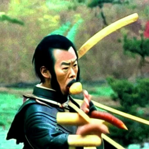 Image similar to a samurai eating a delicious hot dog, scene from Kagemusha, 1980, movie still, cinematic,