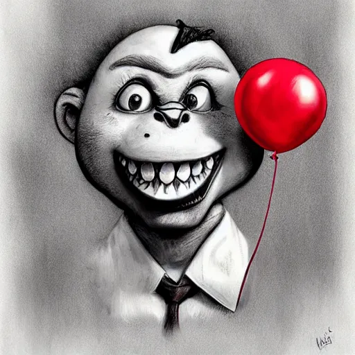 Prompt: surrealism grunge cartoon portrait sketch of chunky with a wide smile and a red balloon by - michael karcz, loony toons style, where the wild things are style, horror theme, detailed, elegant, intricate