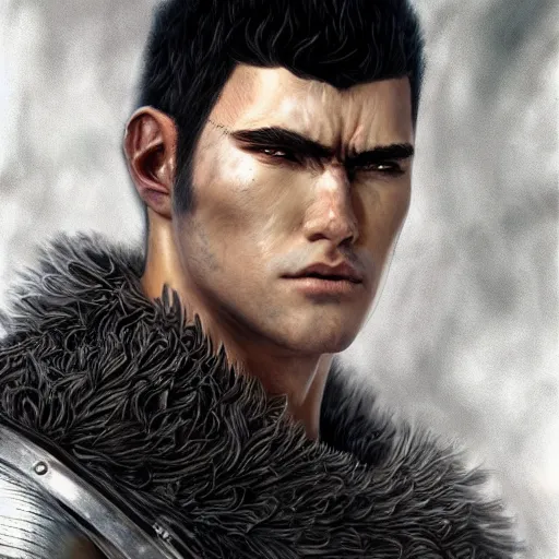 Image similar to realistic portrait of guts from berserk extremely detailed, made by wlop and maxwell boas