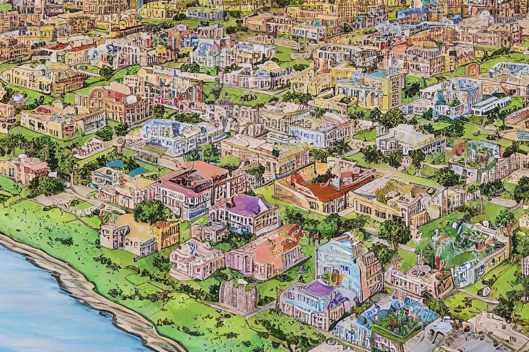 Image similar to an elaborate and dense painting of a future neighborhood, made of alcohol ink on parchment, by wes anderson and geoff darrow