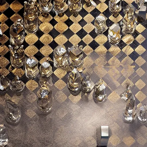 Prompt: a chessboard made from diamonds and gold