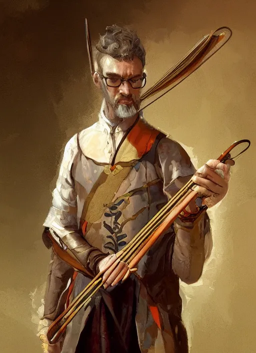 Prompt: illustration of gordon freeman from half - life as a bard playing a lyre, dressed in renaissance clothing, by greg rutkowski artstation